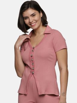 IS.U - Mauve Glow V-Neck Button Down Rib Top