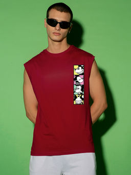 Bewakoof - Official Disney Men's Red Mickey faces Graphic Printed Boxy Fit Vest