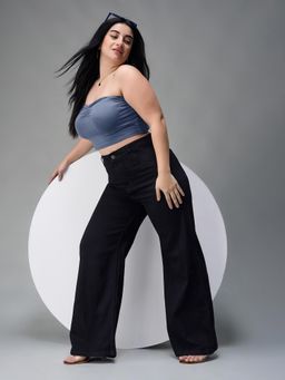 Miss Chase - A+ Womens Black Wide Leg High Rise Clean Look Stretchable Denim Jeans