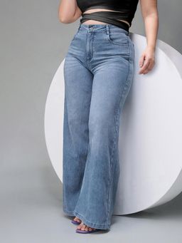 Miss Chase - A+ Womens Light Blue Wide Leg High Rise Stretchable Denim Jeans
