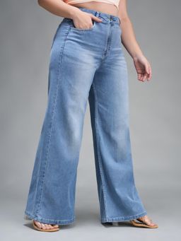 Miss Chase - A+ Womens Light Blue Wide Leg High Rise Stretchable Shaping Denim Jeans