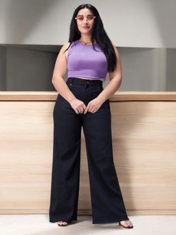 Miss Chase - A+ Womens Black High Rise Clean Look Stretchable Wide Leg Denim Jeans