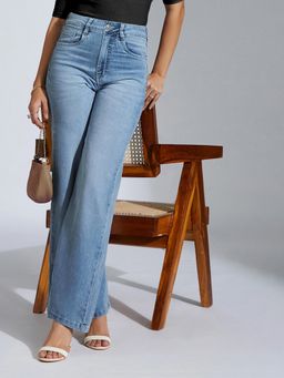 Miss Chase - Womens Light Blue Wide Leg High Rise Stretchable Denim Jeans