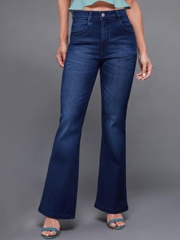 Miss Chase - Womens Navy Blue High Rise Regular Length Stretchable Bootcut Denim Jeans