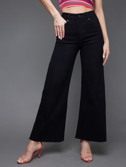 Miss Chase - Womens Black High Rise Regular Length Stretchable Wide Leg Denim Jeans