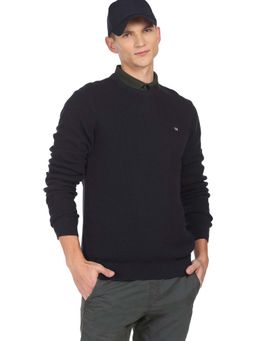 Arrow - Sports Men Navy Blue Solid Patternned Knit Cotton Sweater