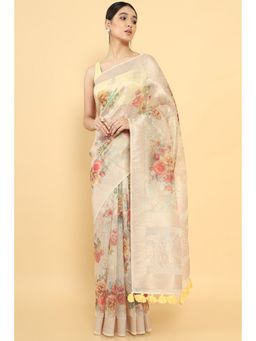Soch - Women Beige Organza Woven Saree with Unstitched Blouse