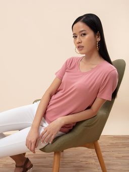 Twenty Dresses by Nykaa Fashion - Basics Pink Solid Scoop Neck Half Sleeves T Shirt