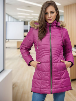 Carlton London - Purple Hooded Lightweight Longline Puffer Jacket with Faux Fur Trim