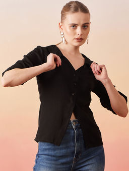 Carlton London - Women Casual Black Regular Fit Solid Collar Shirt