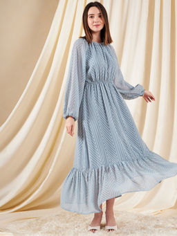 Kibo - Womens Blue Self Design Tie-Knot Maxi Dress