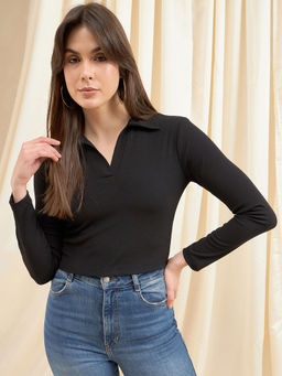 Kibo - Womens Black Collard V-Neck Rib Crop Top