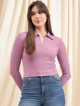 Kibo - Womens Pink Collard V-Neck Rib Crop Top