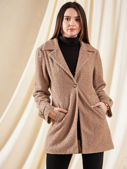 Kibo - Womens Brown Notched Lapel Solid Overcoat