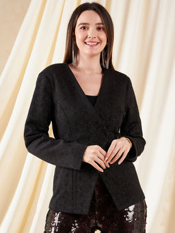Kibo - Womens Black Self Design Tailored Fit Blazer