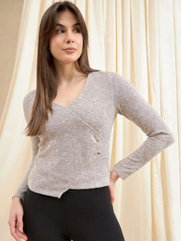 Kibo - Womens Grey V-Neck Wrap Pullover Top