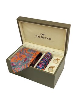The Tie Hub - Orange Paisley Italian Silk Neck Tie with Italian Silk Pocket Square & Cufflink Gift Set