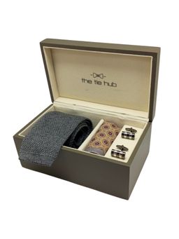The Tie Hub - Premium Italian Woolen Grey Neck Tie with Pocket Square & Cufflinks Gift Set