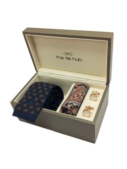 The Tie Hub - Blue with Brown Polka Knitted Wool Neck Tie with Wool Pocket Square & Cufflink Gift Set