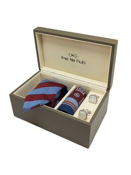 The Tie Hub - Striped Blue & Burgundy Neck Tie with Wool Pocket Square & Cufflink Gift Set