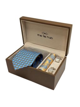 The Tie Hub - Round Ring Blue Italian Silk Neck Tie with Silk Pocket Square & Cufflink Gift Set