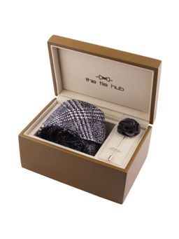 The Tie Hub - Grey Checks Neck Tie with Blue Flower Lapel Pin Combo Set