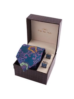 The Tie Hub - Green & Purple Paisley Neck Tie with Blue Square Cufflinks Gift Set