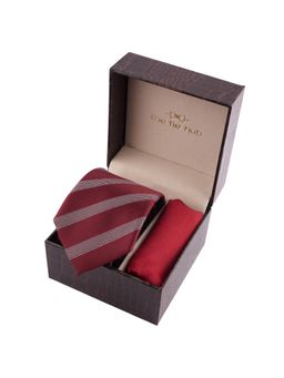 The Tie Hub - Burgundy & Grey Stripe Neck Tie with Solid Burgundy Pocket Square Gift Set