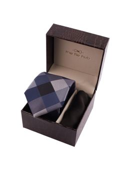 The Tie Hub - Black & Grey Asteria Checkered Neck Tie with Solid Black Pocket Square Gift Set