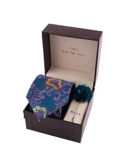 The Tie Hub - Green & Purple Paisley Neck Tie with Green Flower Lapel Pin Gift Set