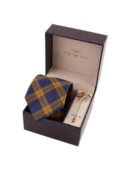 The Tie Hub - Blue & Yellow Plaid Neck Tie with Gold Leaf Lapel Pin Gift Set