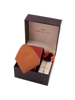 The Tie Hub - Orange & Maroon Checks Neck Tie with Orange & Blue Lapel Pin Gift Set
