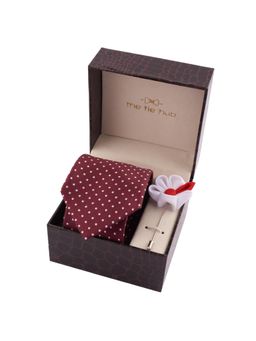 The Tie Hub - Burgundy Polka Neck Tie with White Flower Lapel Pin Gift Set