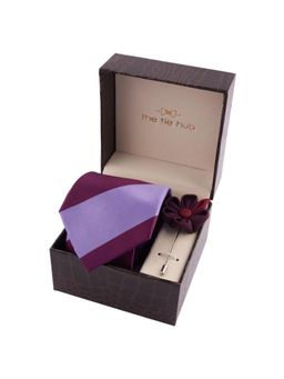 The Tie Hub - Burgundy & Purple Stripe Neck Tie with Purple Flower Lapel Pin Gift Set