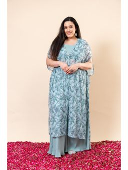 Mamicha - Shabnam Blue Printed Cape With Blouse And Palazzo (Set of 3)