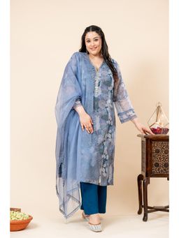 Mamicha - Blue Printed Kurta with Pant and Dupatta (Set of 3)