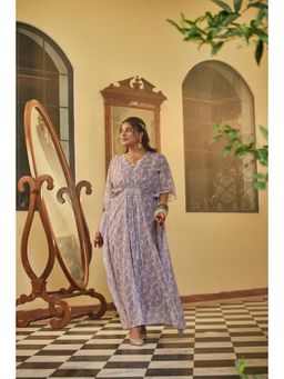 Mamicha - Purple Printed Kaftan Dress with Attached Pearl Belt