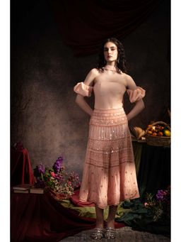TheRealB - Blush Peach Hand Embellished Crepe Midi Skirt
