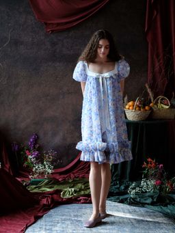TheRealB - Floral Puff-Sleeve Dress with Ruffled Hem and Satin Ribbon