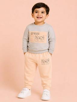 Bloom Up - Girls Grey-Peach Bear Graphic Printed Sweatshirt and Joggers
