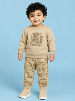 Bloom Up - Boys Beige Safari Printed Sweatshirt with Joggers