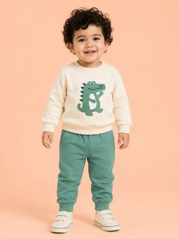 Bloom Up - Boys Cream-Sage Green Dinosaur Sweatshirt with Joggers
