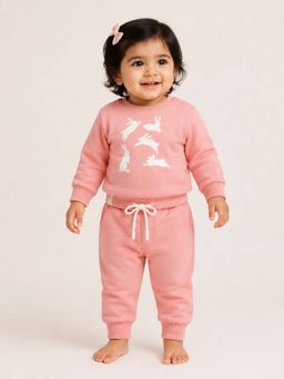 Bloom Up - Girls Pink Bunny Graphic Sweatshirt with Joggers