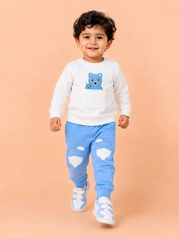 Bloom Up - Boys Blue-White Teddy Bear Sweatshirt with Joggers