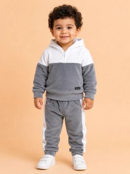 Bloom Up - Boys Grey-White Fleece Hooded Co-Ord Set