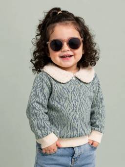 Bloom Up - Girls Sage Green Textured Collar Sweater
