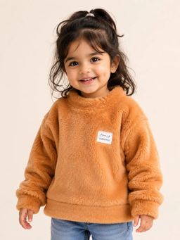 Bloom Up - Girls Brown Fuzzy Solid High Neck Sweater