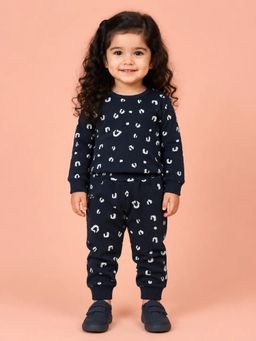 Bloom Up - Girls Navy Blue Leopard Printed Ribbed Co-Ord Set