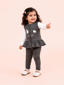 Bloom Up - Girls Charcoal-White Peplum Top with T-shirt and Pant