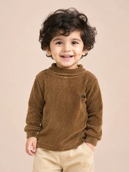 Bloom Up - Boys Brown Ribbed Turtle Neck Full-Sleeve T-shirt